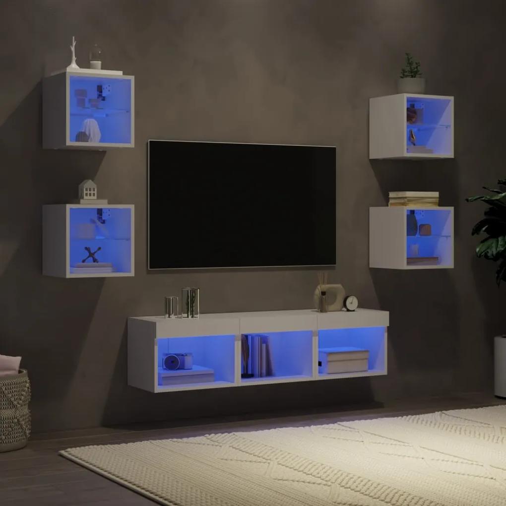 3216583 vidaXL Unități de perete TV cu LED-uri, 7 piese, alb, lemn prelucrat