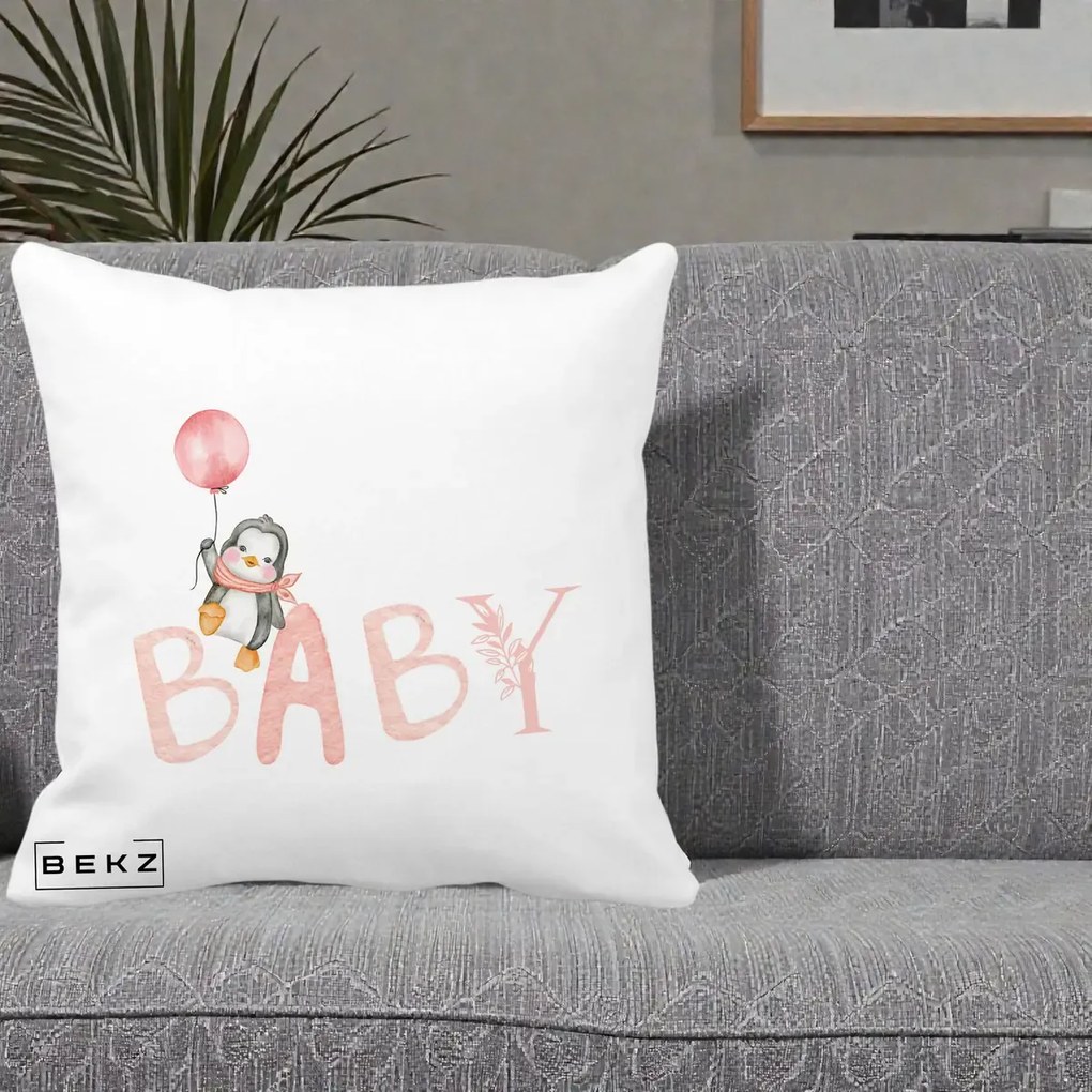 Perna Personalizata Baby Pinguin Roz, 40x40 cm, Alba Mata, Husa Detasabila, Perna Inclusa, BEKZ®