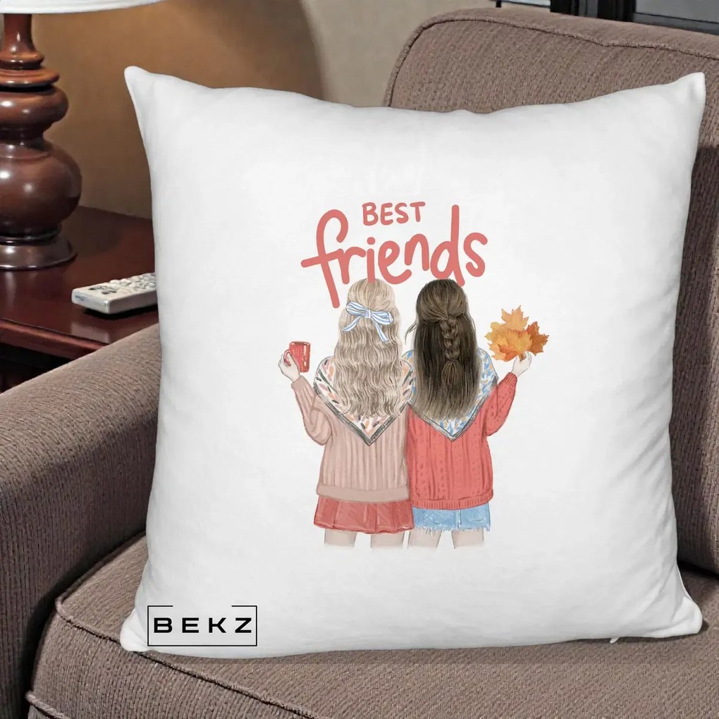 Cadou pentru Prieteni - Perna Personalizata Best Friends Toamna, 40x40 cm, Alb Pufos, Husa Detasabila, Perna Inclusa, BEKZ®