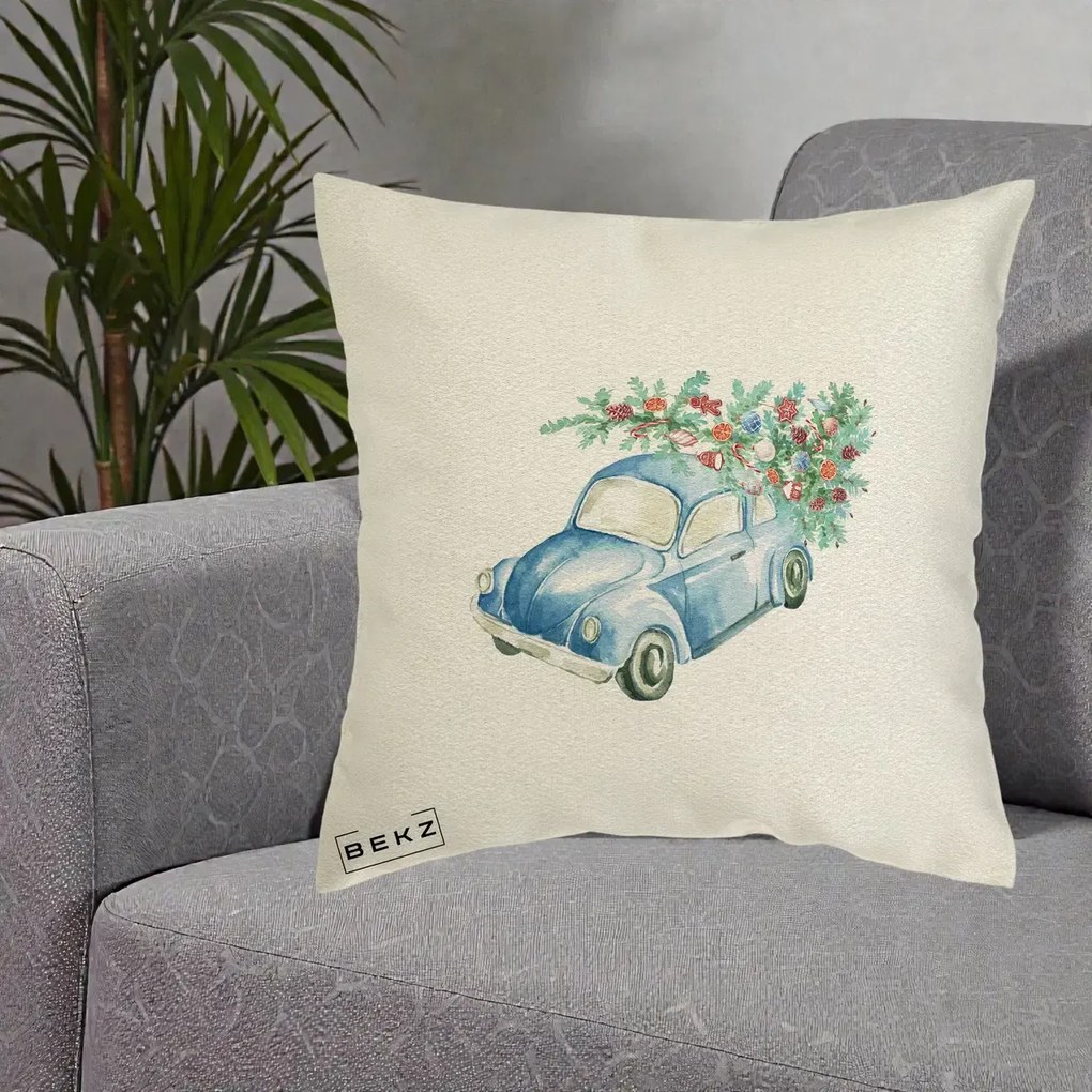 Perna Decorativa Masinuta Albastra cu Brad de Craciun, 40x40 cm, Ecru, Husa Detasabila, Perna Inclusa, BEKZ®