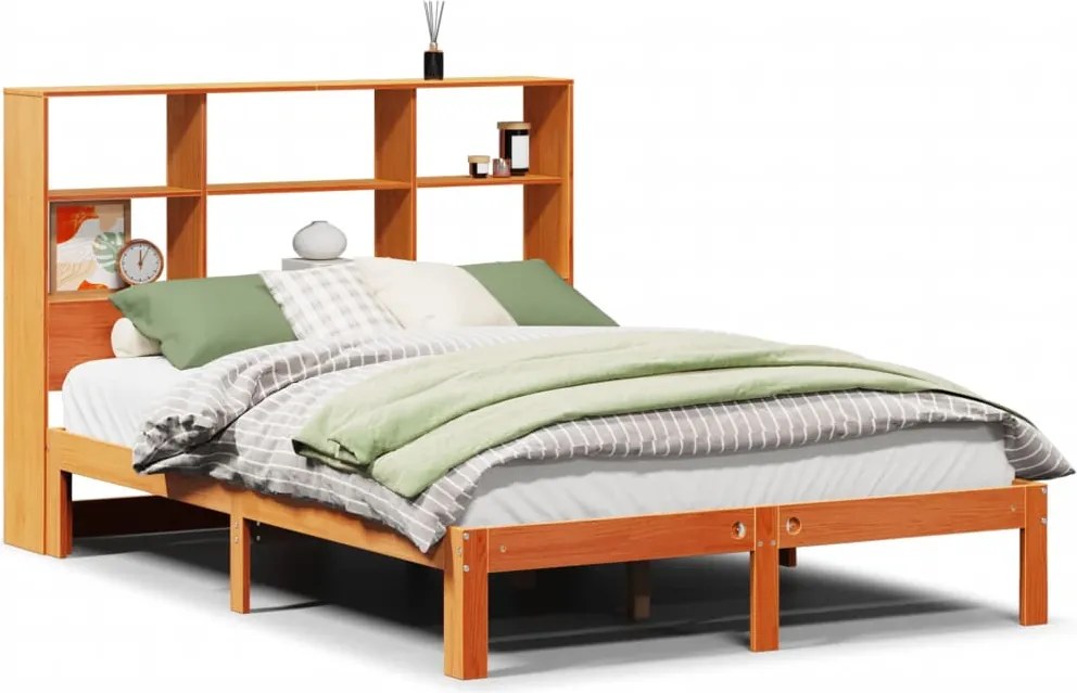 vidaXL Pat cu bibliotecă fără saltea maro 140x200 cm lemn masiv de pin