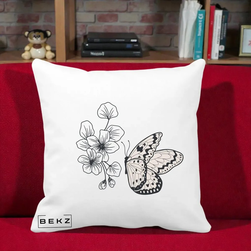 Perna Decorativa Fluture si Flori Linie Monocroma, 40x40 cm, Alba Mata, Husa Detasabila, Perna Inclusa, BEKZ®