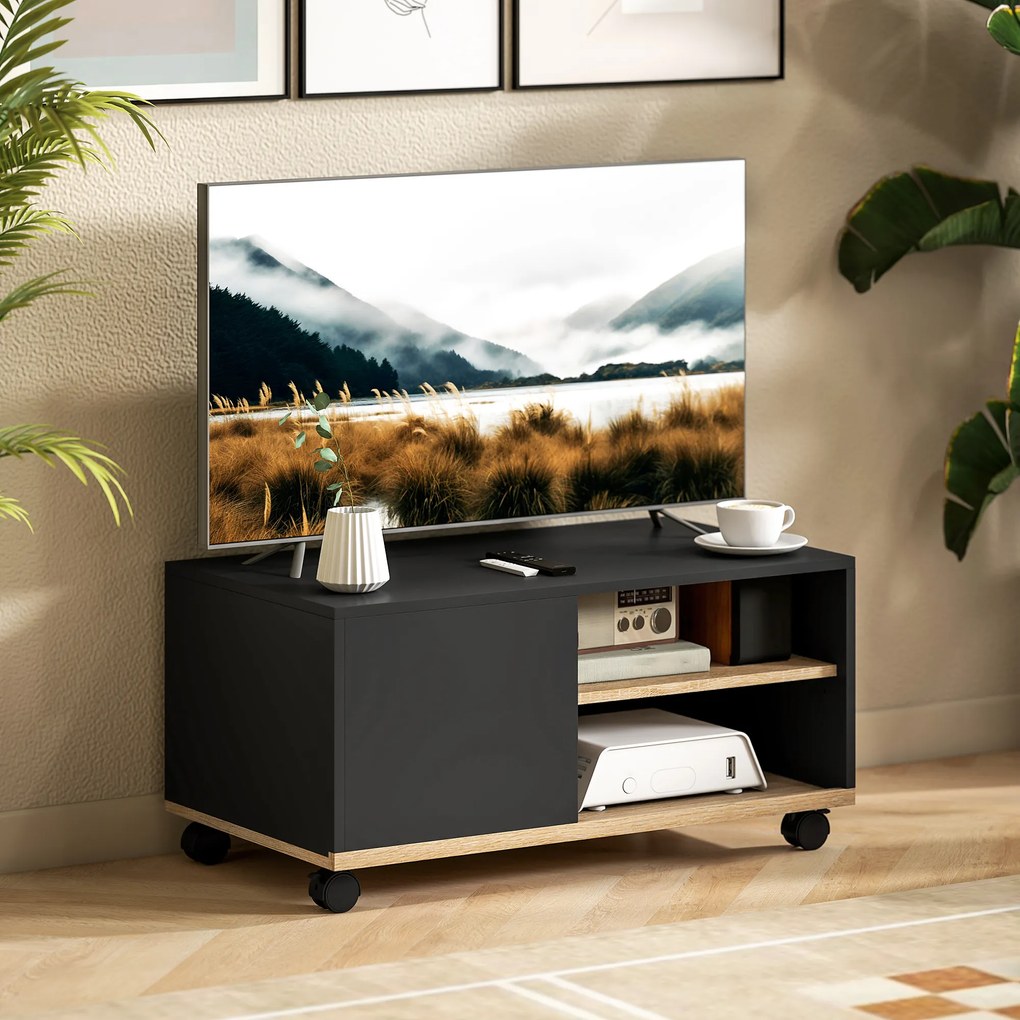 HOMCOM Dulap TV 42" Max cu 2 Rafturi deschise si Usa, Dulap TV Jos din PAL cu Roti, 80x45x39.5 cm, Alb | Aosom Romania