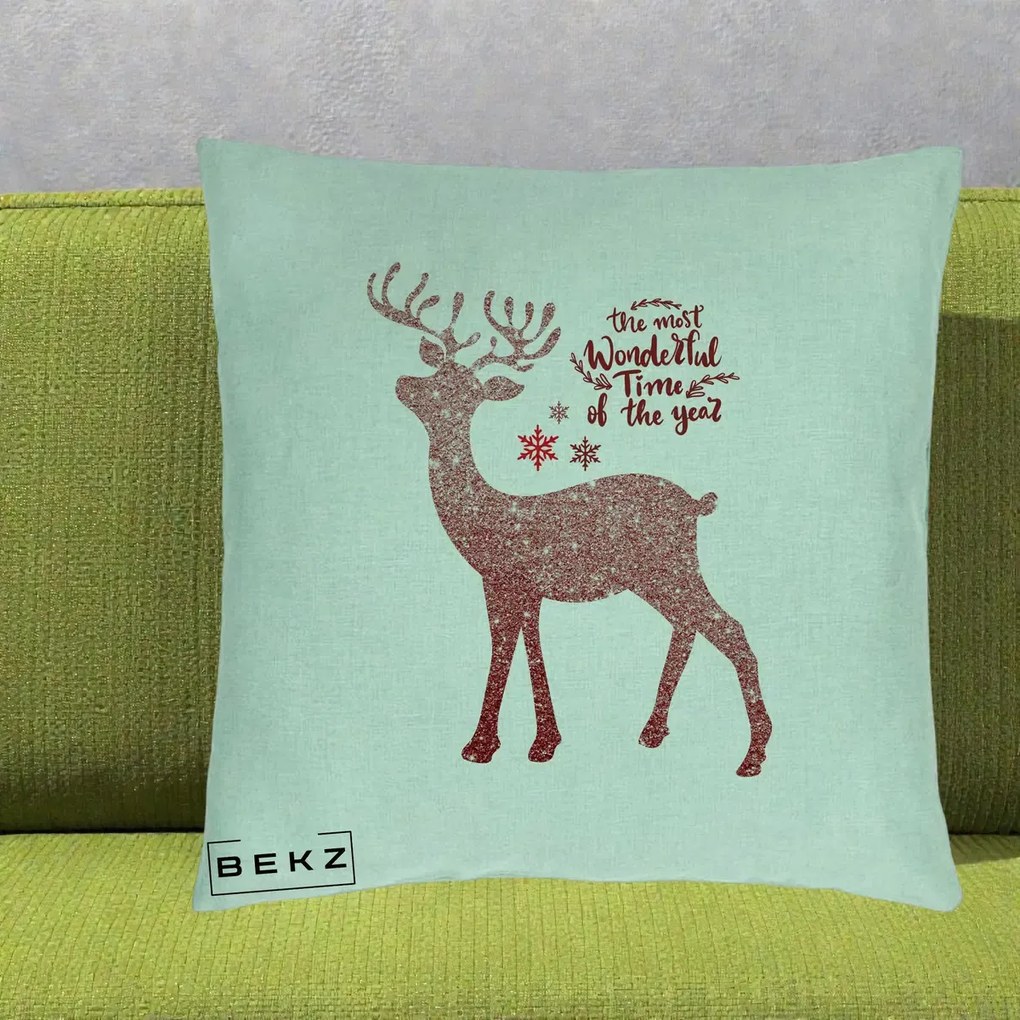 Perna Decorativa Ren de Craciun Glitter Rosu, 40x40 cm, Verde Menta, Husa Detasabila, Perna Inclusa, BEKZ®