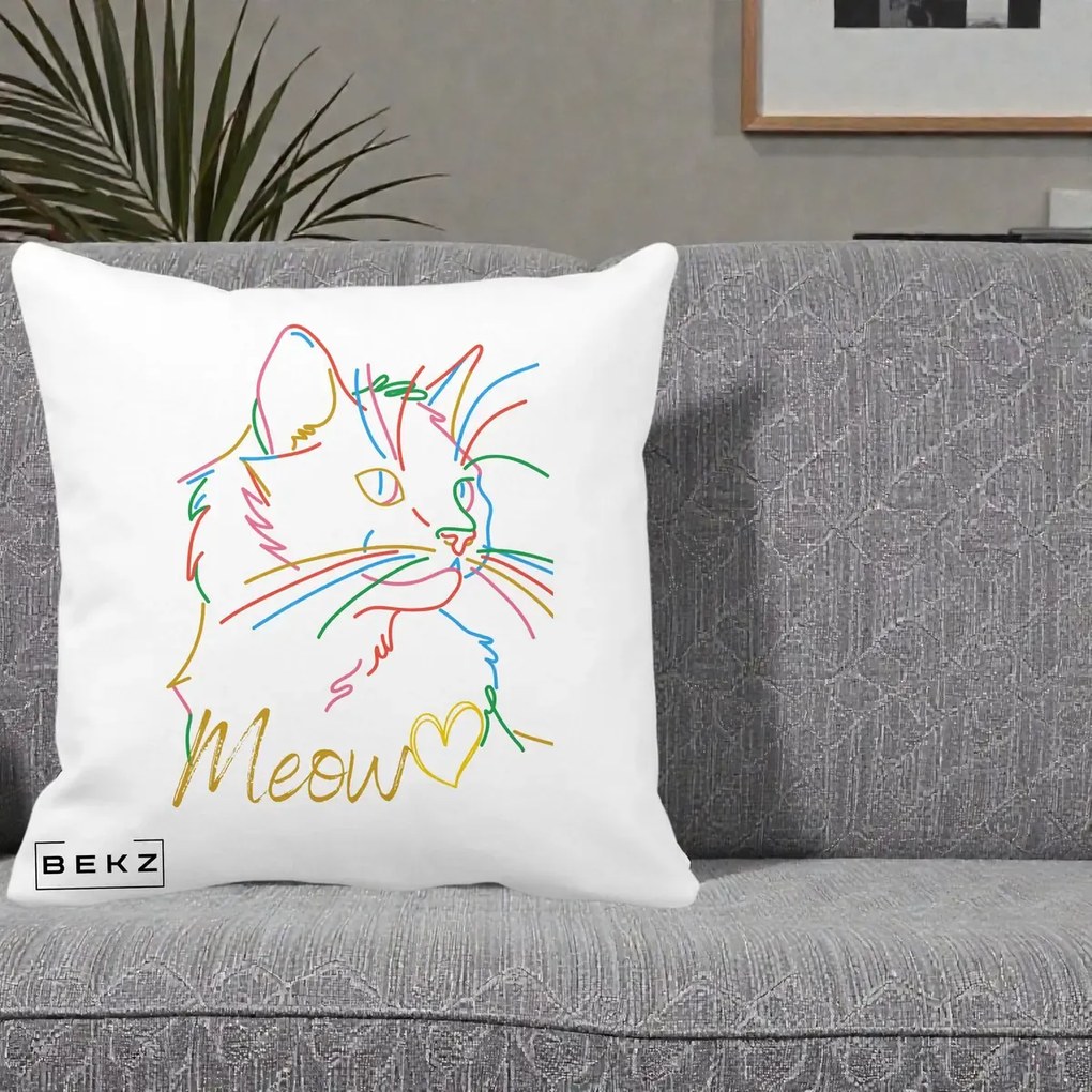 Perna Personalizata Pisica Meow Arta Linie Colorata, 40x40 cm, Alba Mata, Husa Detasabila, Perna Inclusa, BEKZ®
