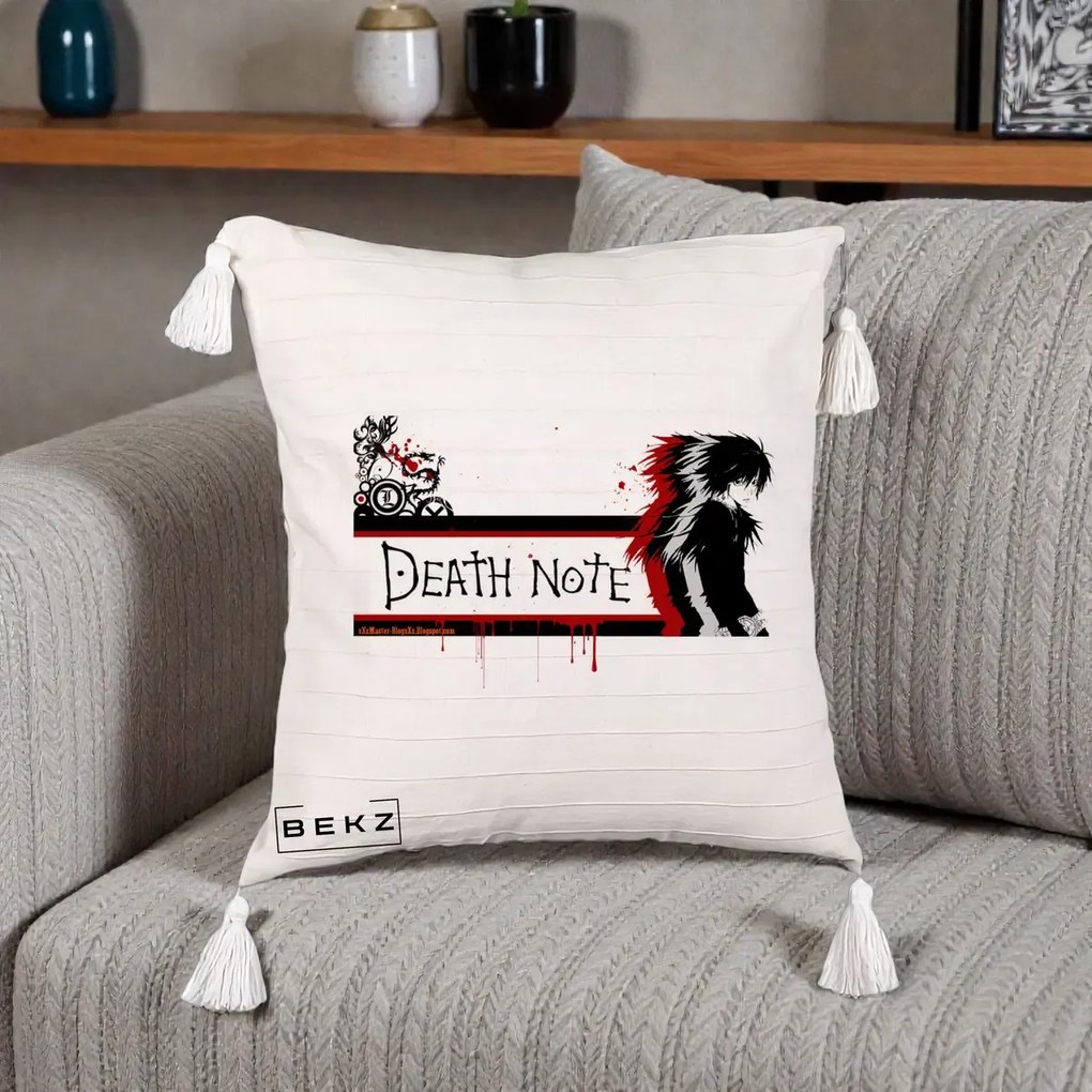 Perna Personalizata Death Note L Lawliet Rosu-Negru, 40x40 cm, Bej cu Franjuri, Husa Detasabila, Perna Inclusa, BEKZ®
