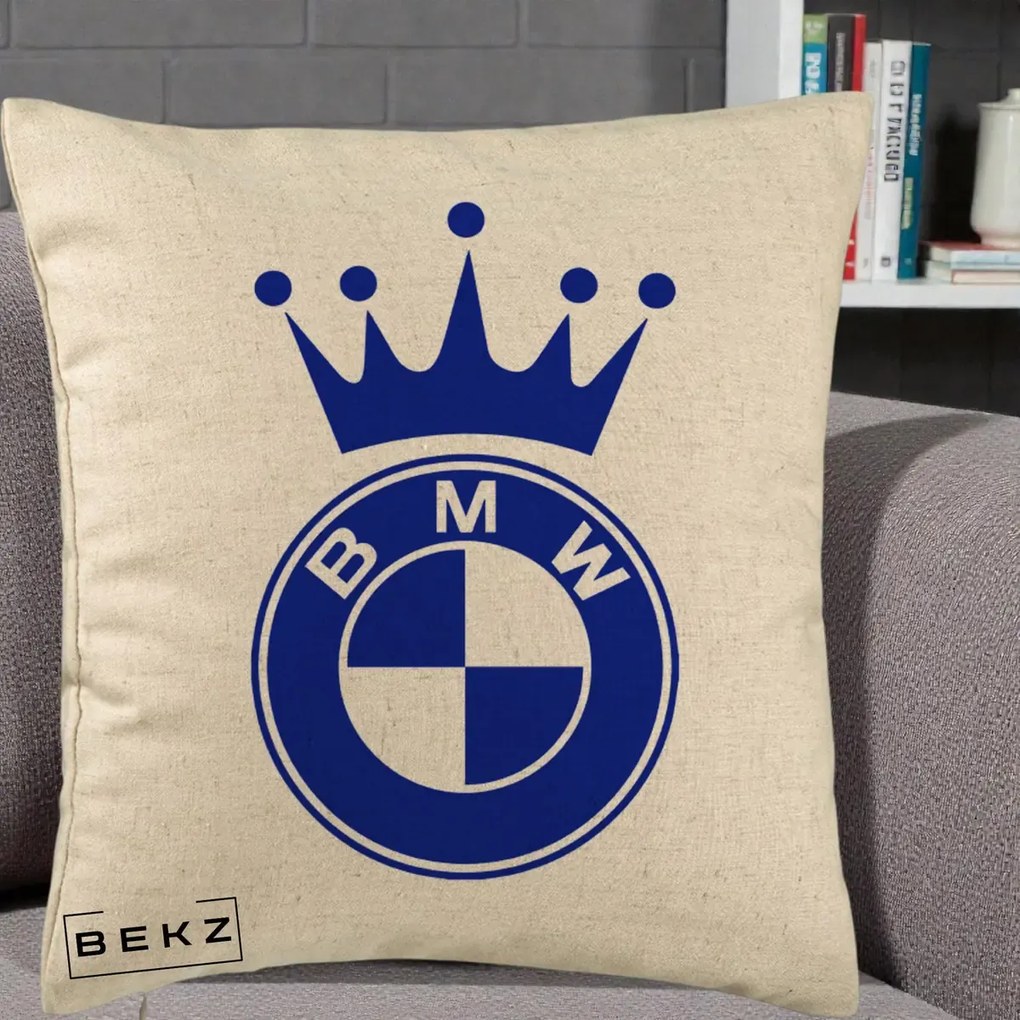 Perna Personalizata cu emblema BMW si Coroana, 40x40 cm, Bej, Husa Detasabila, Perna Inclusa, BEKZ®