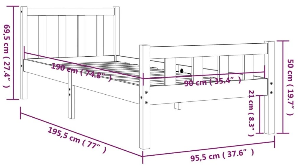 Cadru de pat Single 3FT, 90x190 cm, lemn masiv Maro, 90 x 190 cm