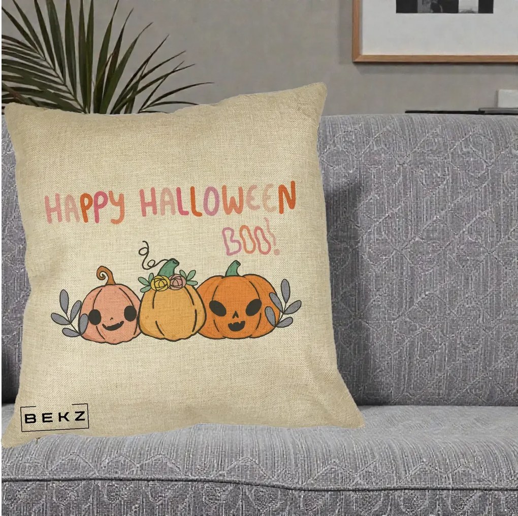 Perna Decorativa Happy Halloween Boo Trei Dovlecei Kawaii, 40x40 cm, Crem, Husa Detasabila, Perna Inclusa, BEKZ®