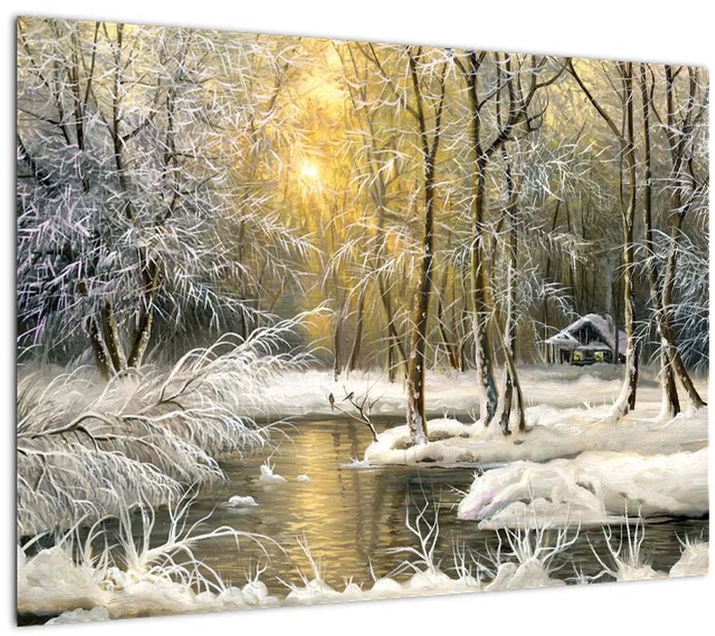 Tablou pe sticlă - Cabană în pădure, pictură în uei (70x50 cm)