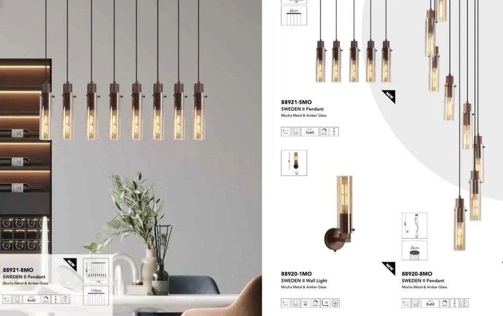 Lustra moderna cu 8 pendule Sweden II moca, chihlimbar