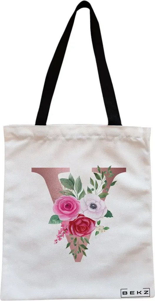 Sacosa de Panza pentru Cumparaturi, Geanta Tote, Cu litera V Rose Gold si Trandafiri, Cu fermoar, 38x34.5 cm, Alba, BEKZ®
