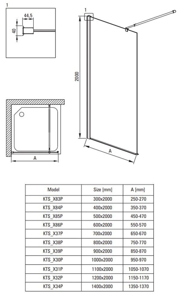 Paravan dus negru walk-in sticla securizata 90x200 cm, Deante Kerria Plus 900x2000 mm, Negru mat