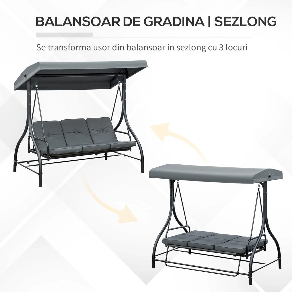 Outsunny Balansoar de Gradina 3 Locuri Convertibil in Pat cu Copertina Reglabila, Balansoar de Terasa din Metal si Tesut, Gri Inchis | Aosom Romania