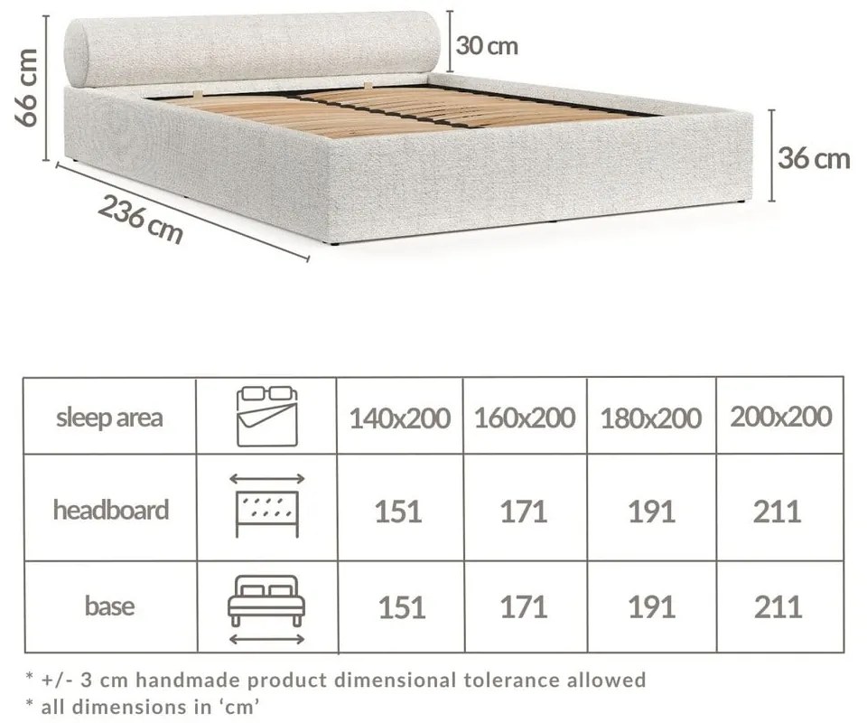 Pat matrimonial crem tapițat cu spațiu de depozitare cu somieră 140x200 cm Solvo – Maison de Rêve