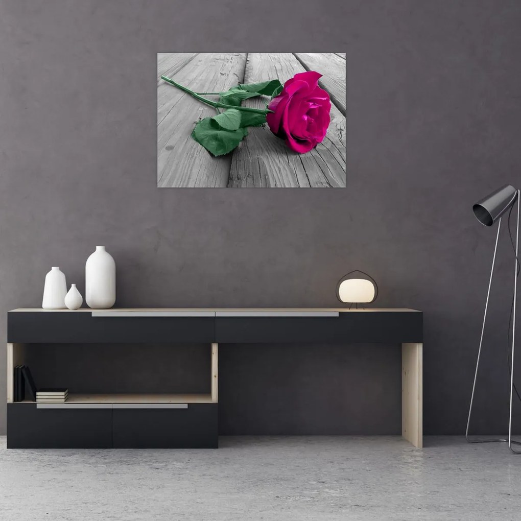 Tablou pe sticlă - Trandafir roz cu tulpina verde (70x50 cm)