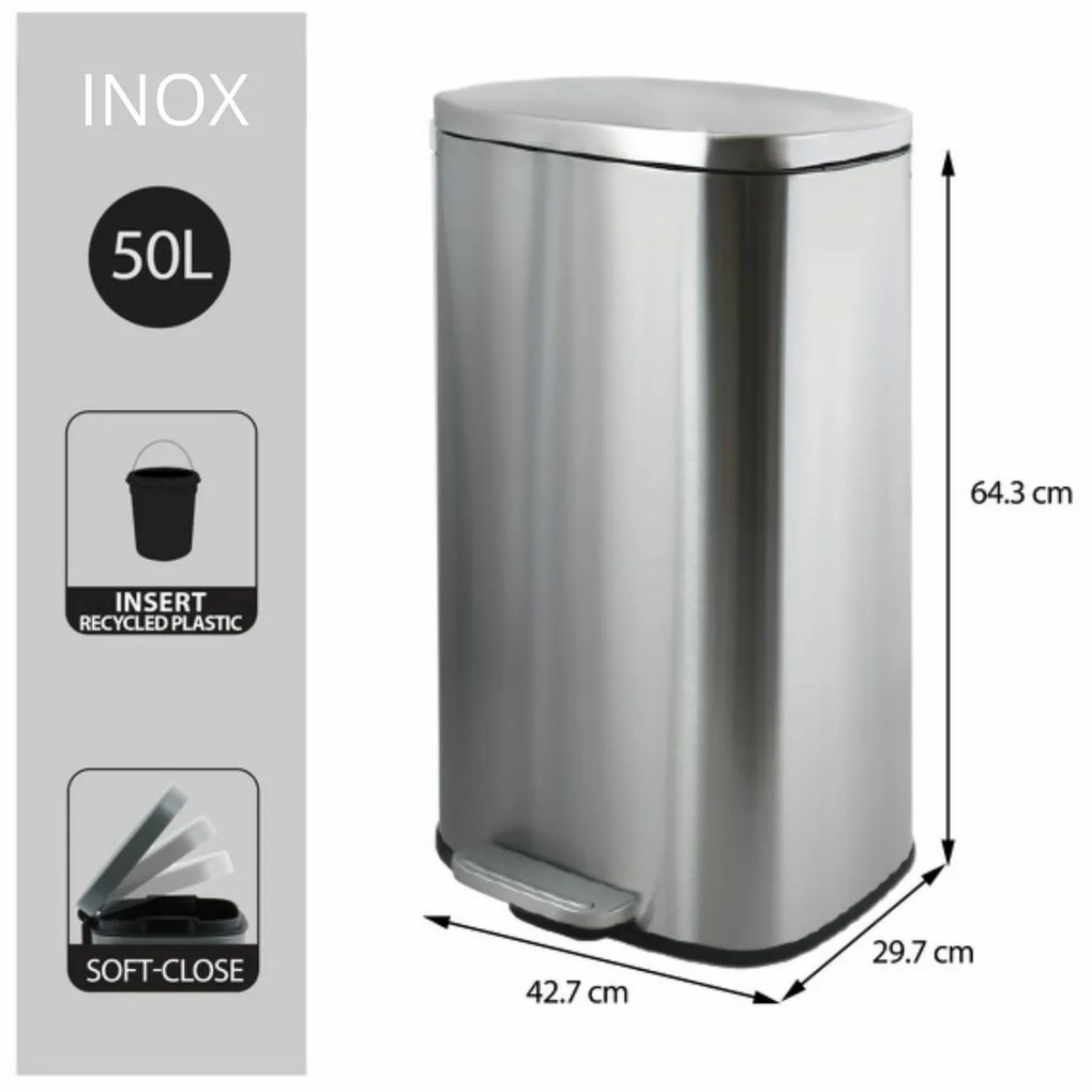 Coș de gunoi cu pedală soft-close Spirella Akira50 l, oțel inoxidabil periat, 50 l