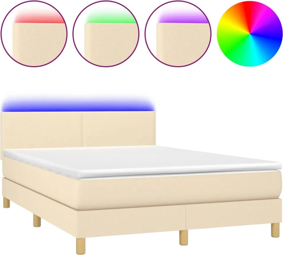 vidaXL Pat cu arcuri, saltea și LED, crem, 140x190 cm, textil