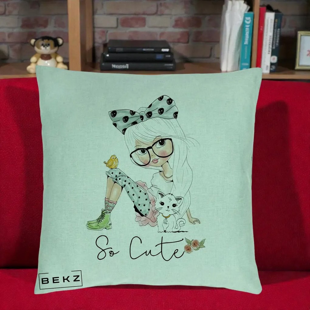 Perna Decorativa So Cute Fata Fashion, 40x40 cm, Verde Menta, Husa Detasabila, Perna Inclusa, BEKZ®