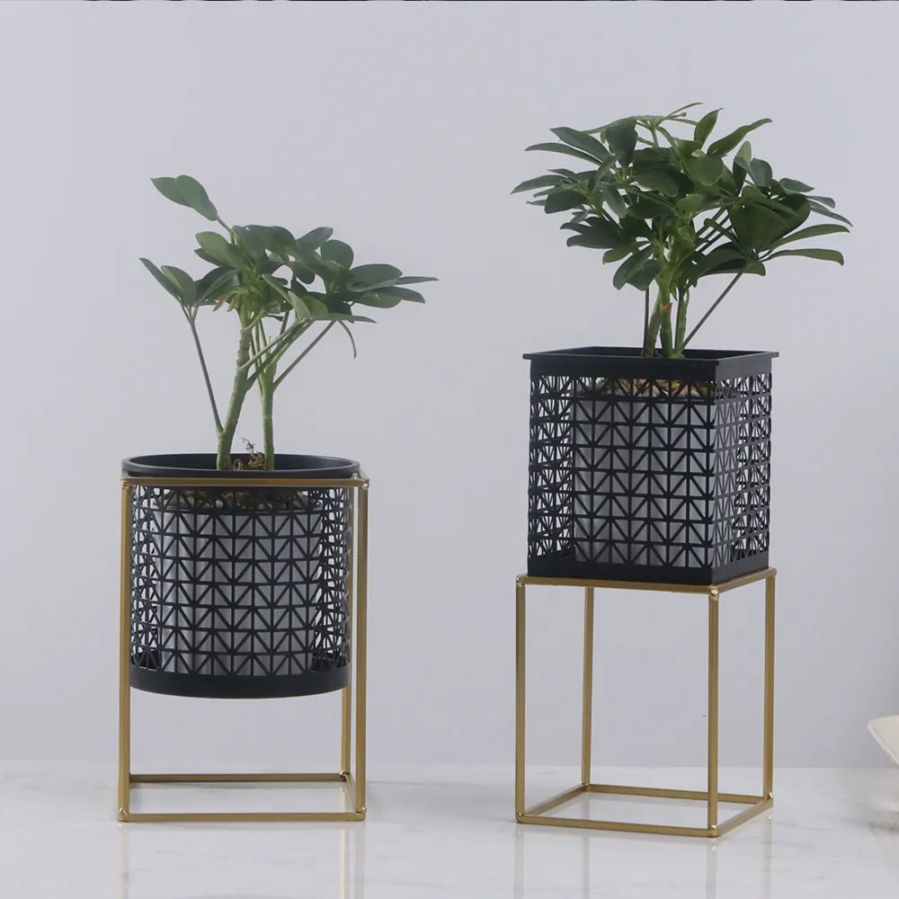Set 2 suporturi pentru ghivece, pătrat/rotund, negru/auriu, ESME SET