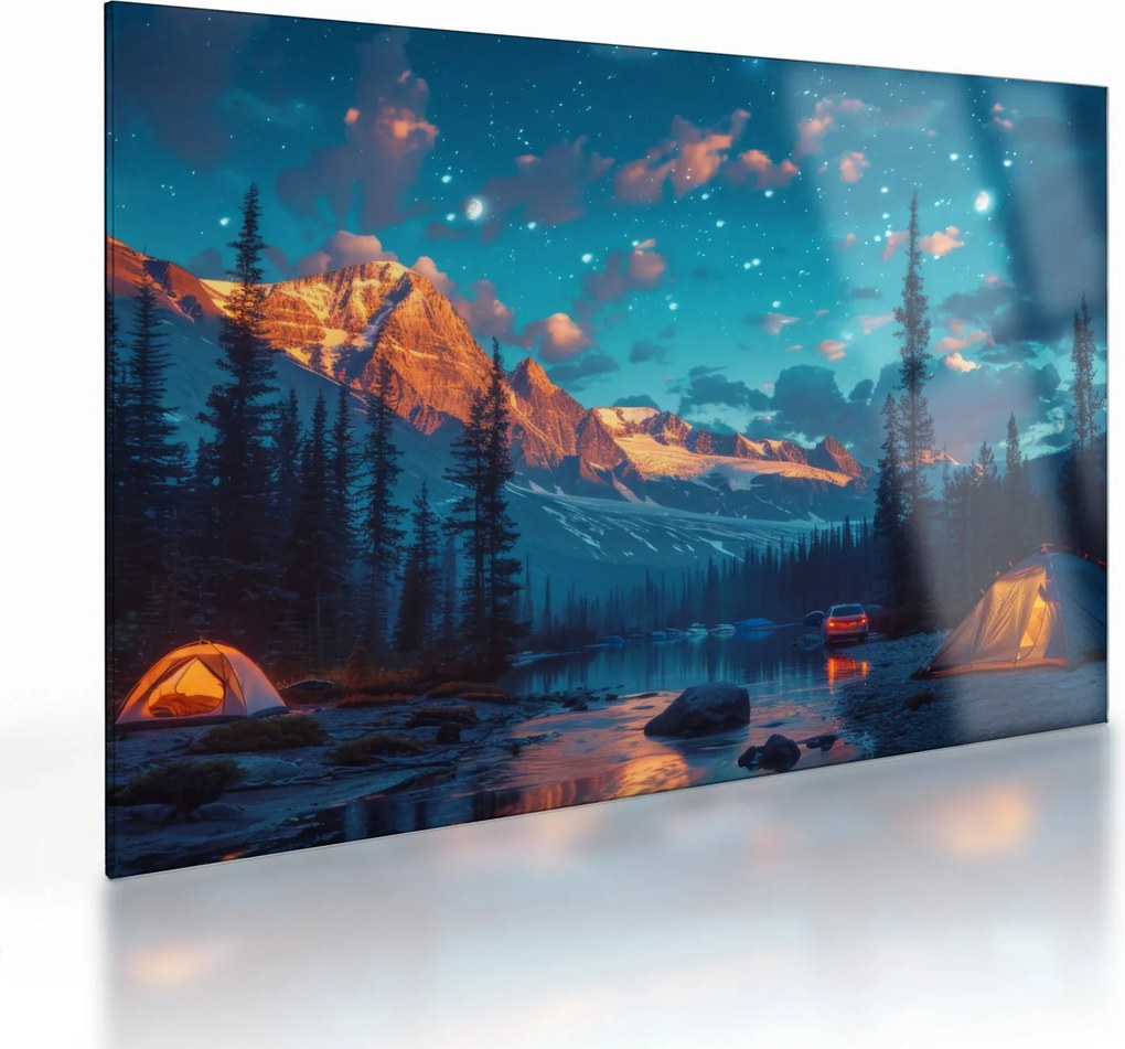 Tablou pe sticlă - Camping în munți (70x50 cm)