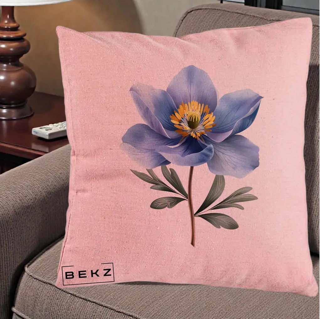 Perna Decorativa Anemona Albastra Botanica, 40x40 cm, Roz, Husa Detasabila, Perna Inclusa, BEKZ®