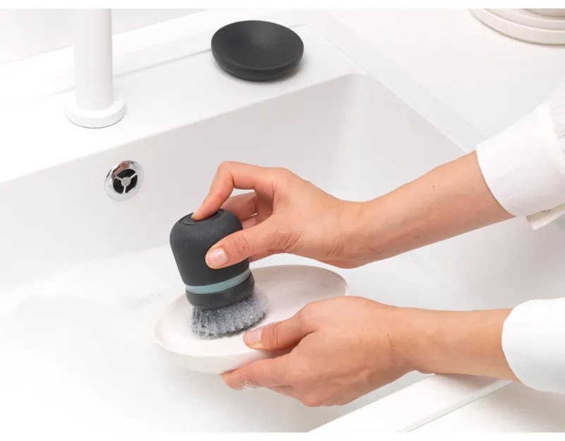 Dozator detergent de vase cu perie Brabantia Sinkside 1003317, 100 ml, Peri din poliester, Suport, Gri inchis
