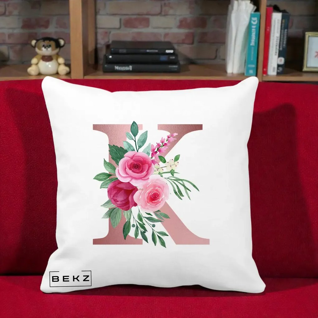 Cadou Personalizat - Perna Personalizata Monograma Rose Gold Litera K, 40x40 cm, Alba Mata, Husa Detasabila, Perna Inclusa, BEKZ®