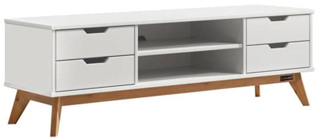 Comoda joasa Borneo Alb 4 sertare 2 rafturi lemn de pin 140 x 42 x 40 cm