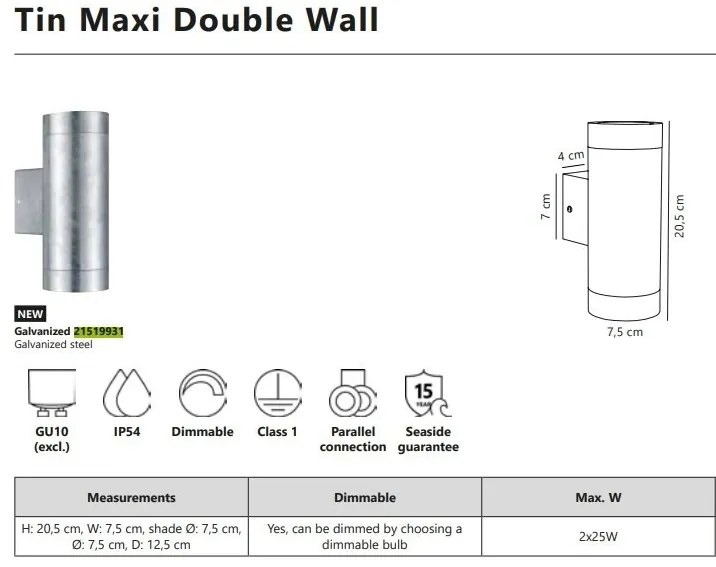 Aplica de perete exterior IP54 cu lumina sus / jos Tin Maxi Galvanized