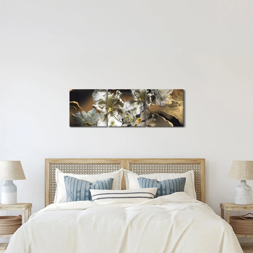 Tablou - Flori de orhidee pe fundal de marmură (cu ceas) (90x30 cm)