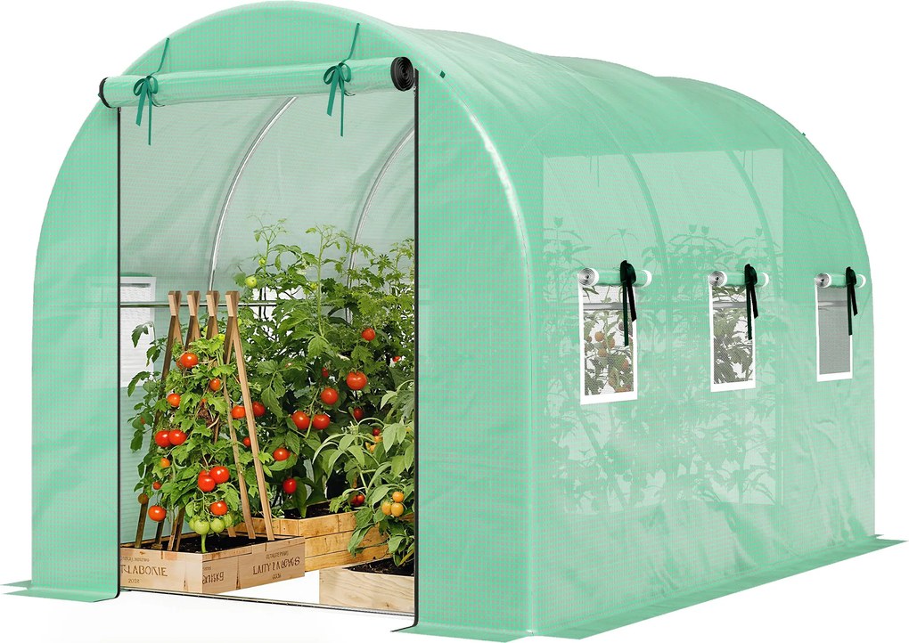 Outsunny Seră 3 x 2 x 2 m din folie cu ușă rulantă, 2 uși cu fermoar & 6 ferestre cu plasă, tije de susținere, Verde | Aosom Romania