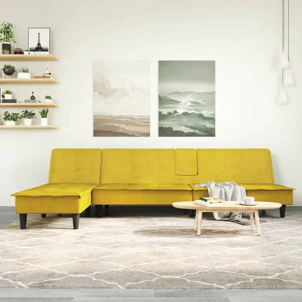 3157264 vidaXL Canapea extensibilă în formă de L galben 255x140x70 cm catifea