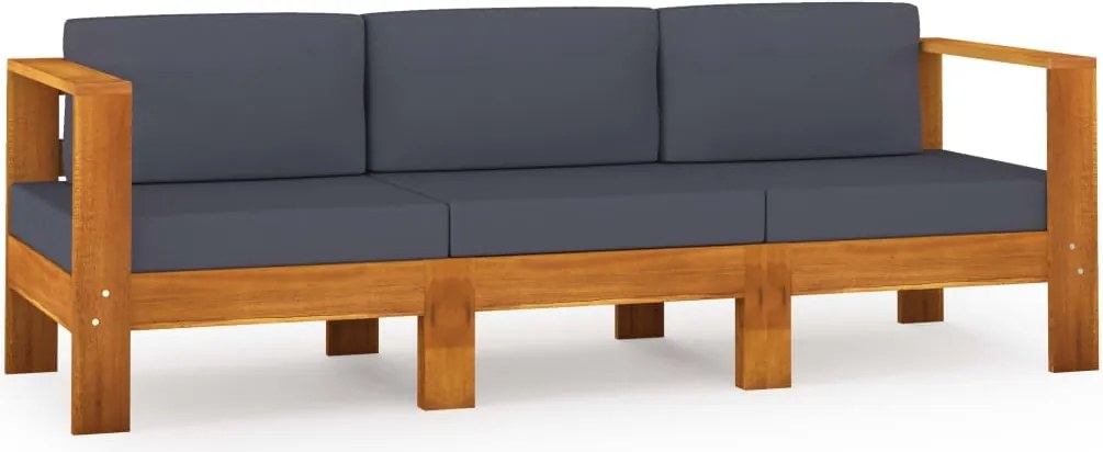 vidaXL Canapea de grădină cu perne gri închis, 3 locuri, lemn acacia