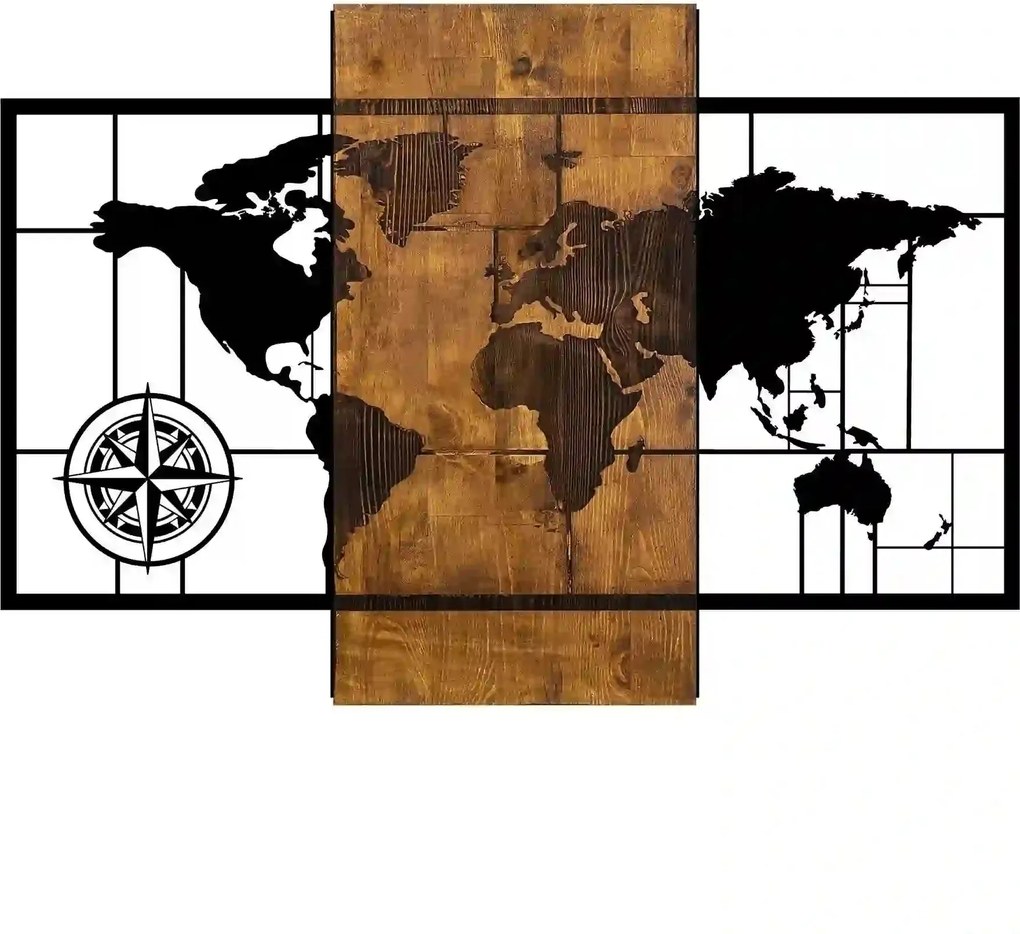Decoratiune perete WORLD MAP WITH COMPASS, negru/nuc, lemn/metal, 85x5