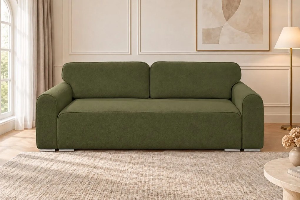 Canapea extensibilă Fiorella din boucle, verde olive, cu ladă de depozitare