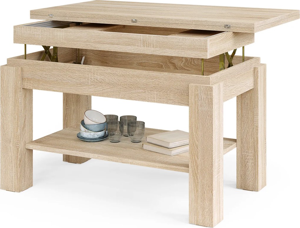 Mazzoni BRAWO Stejar Sonoma - MĂSUȚĂ DE CAFEA CU BLAT EXTENSIBIL ȘI RIDICABIL MASĂ CU RAFT