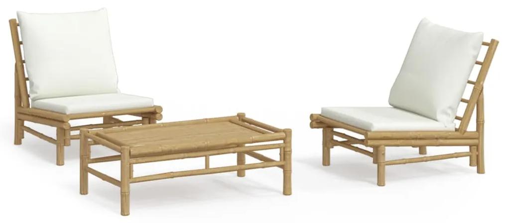 3156489 vidaXL Set mobilier de grădină, cu perne alb crem, 3 piese, bambus