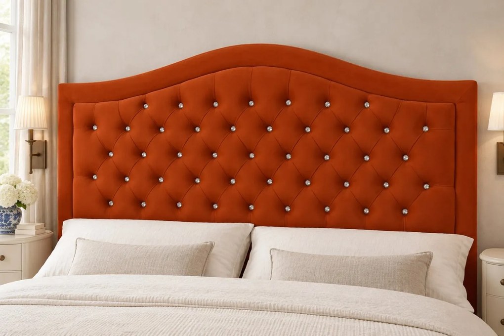 Pat tapițat Chesterfield din catifea Solaria Deluxe Cristal 200×200 cm, cărămiziu, cu ladă de depozitare