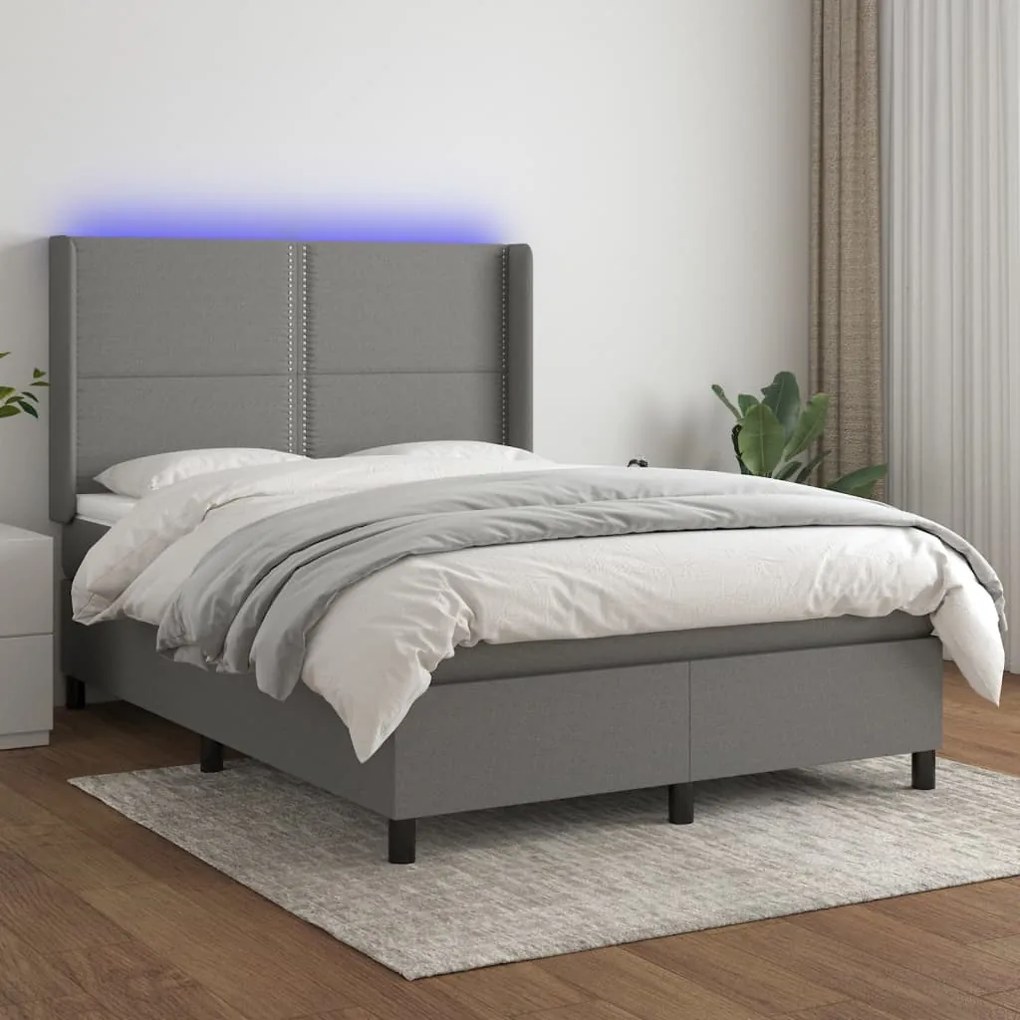 vidaXL Pat cu arcuri, saltea și LED, gri închis, 140x190 cm, textil