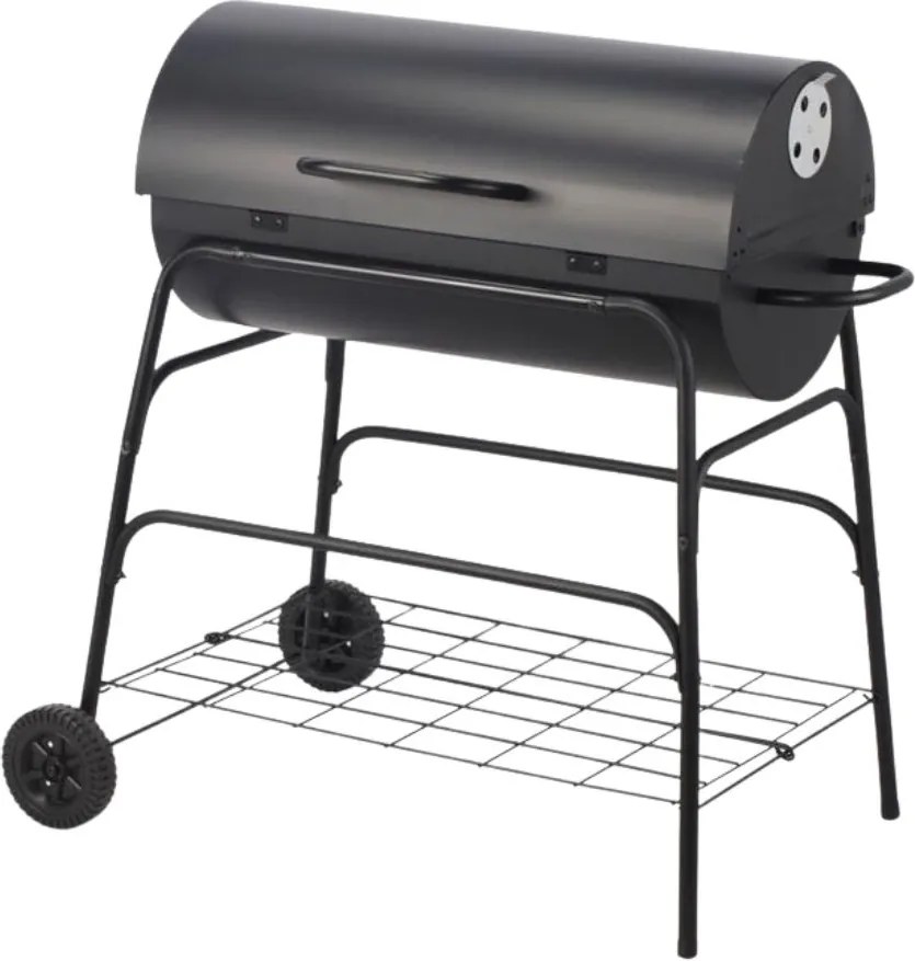 Grătar cilindric BBQ pe cărbuni, metalic, pentru grădină, 97 cm, cu roți și cu capac