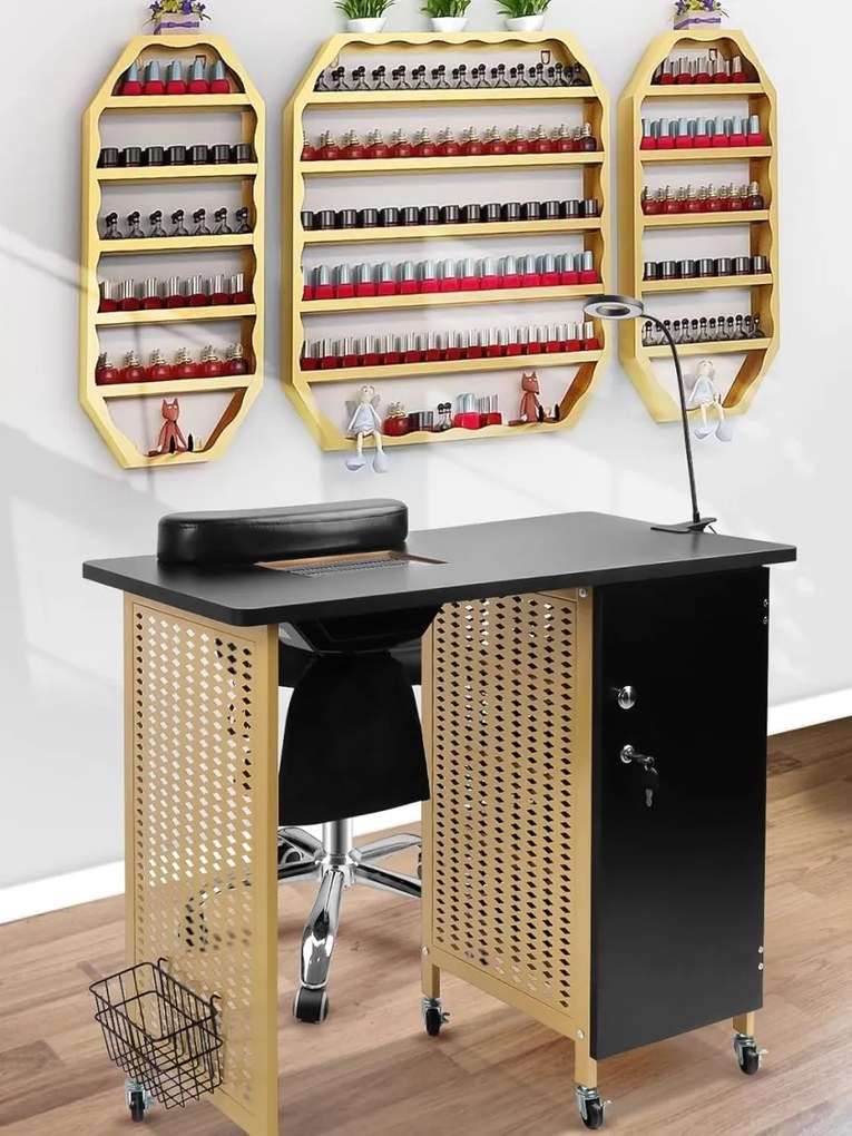 MANIA1 - Masuta manichiura, 90 cm, cu aspirator incorporat, perna maini si lampa LED, masa cosmetica - Alb/ Negru / Negru-Auriu