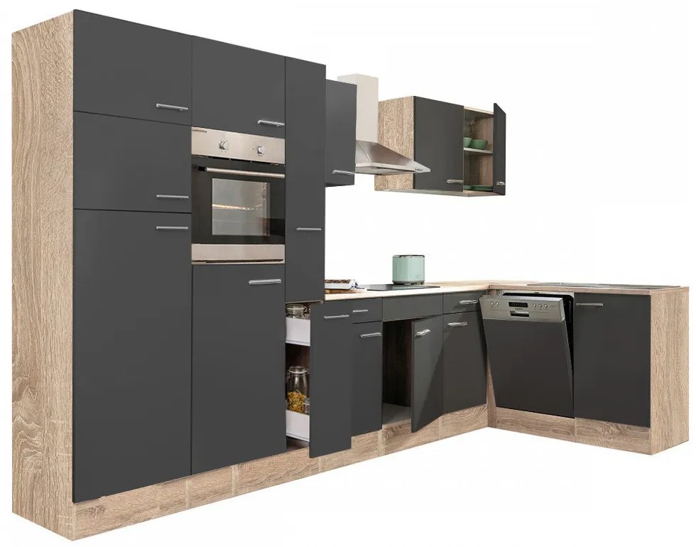 Mobilă de bucătărie de colț Yorki 370, corp din stejar sonoma, cu față antracit satinat