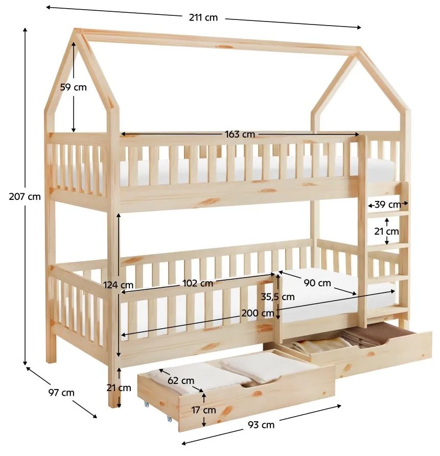 Pat etajat pentru copii 90 cm Virtuoso (natural) (cu somieră) (cu sp. depozitare). 1116556