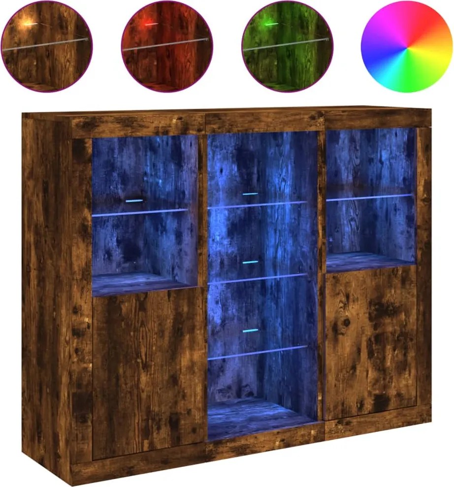 vidaXL Servantă cu lumini LED, 3 buc., stejar fumuriu, lemn prelucrat