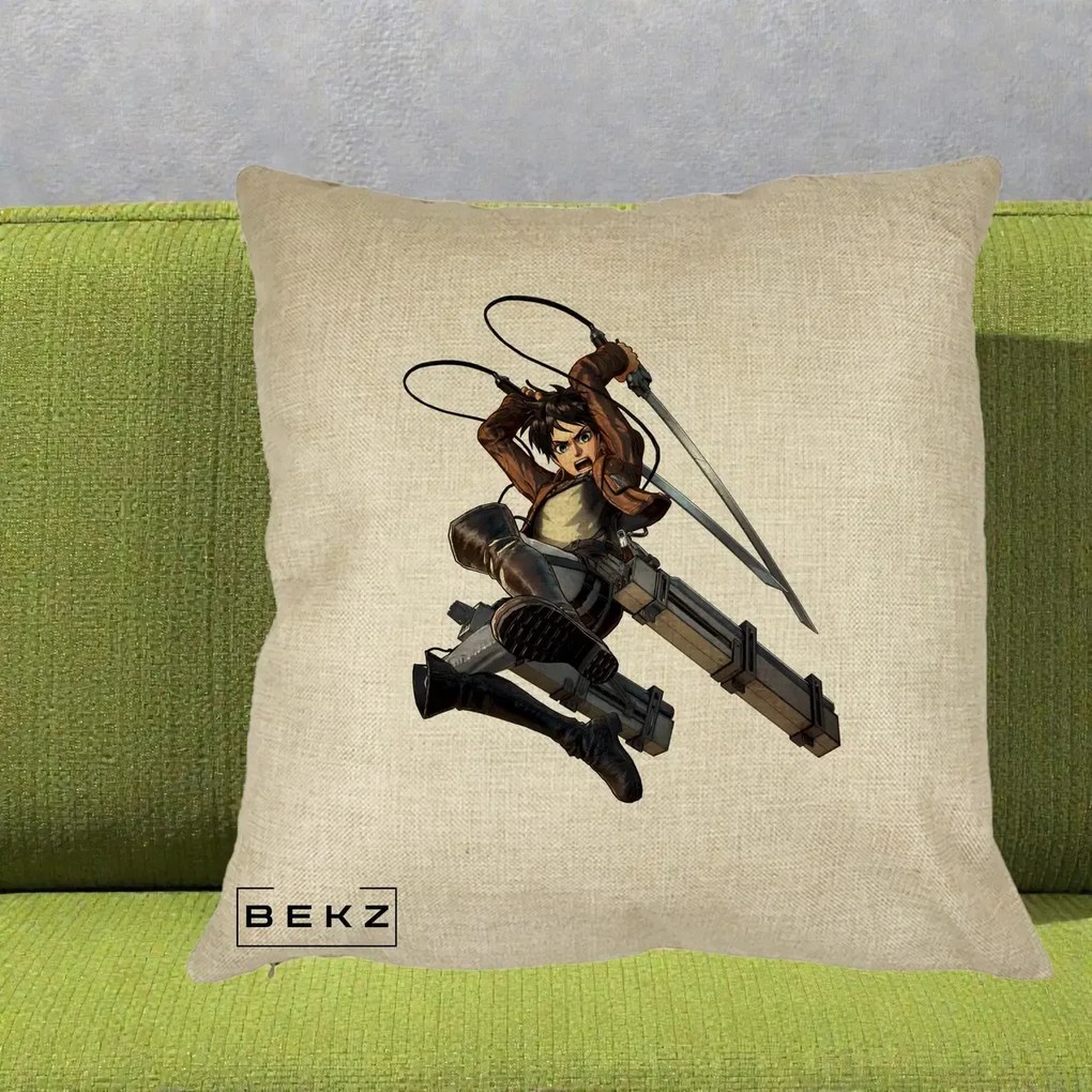 Perna Personalizata Attack on Titan Eren Yeager Lupta, 40x40 cm, Crem, Husa Detasabila, Perna Inclusa, BEKZ®