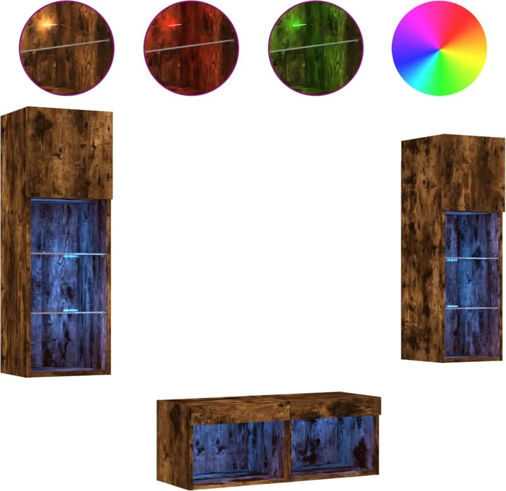 vidaXL Comode TV de perete cu lumini LED, 4 piese, stejar fumuriu