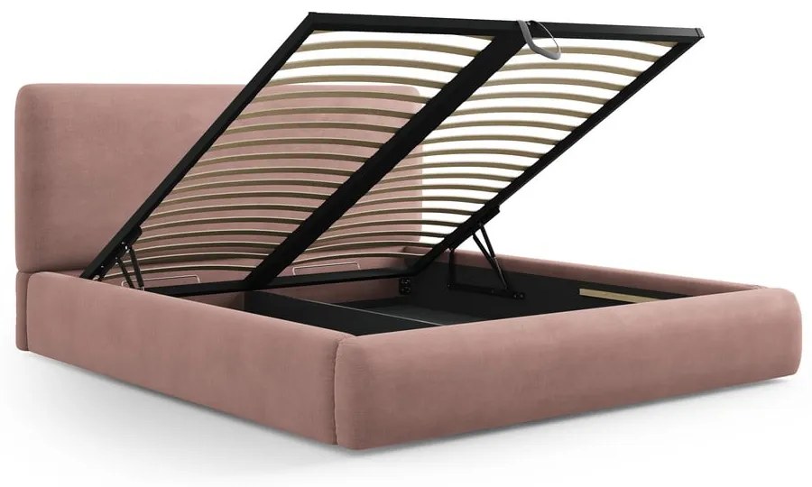 Pat matrimonial roz tapițat cu spațiu de depozitare cu somieră 160x200 cm Colonel – Cosmopolitan Design
