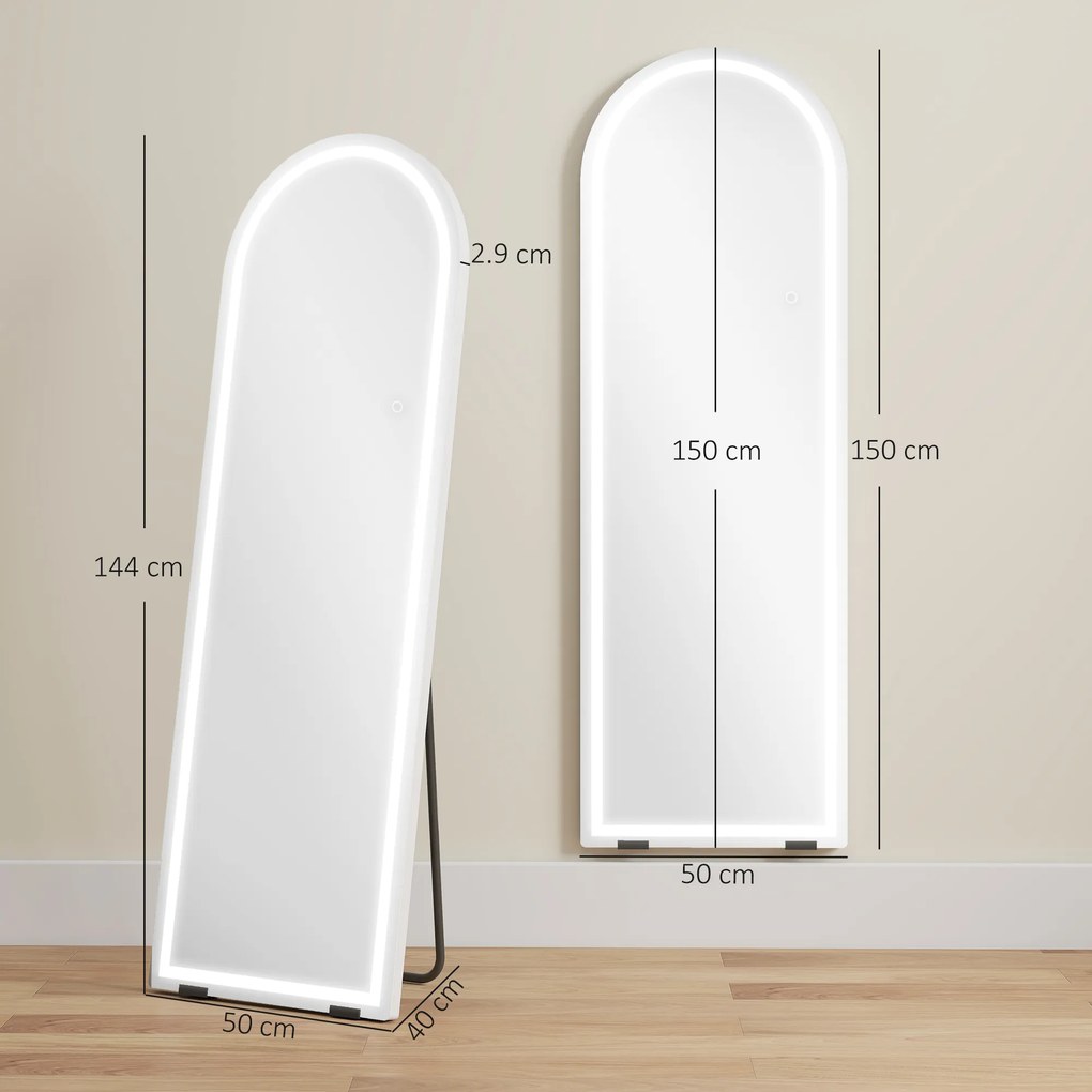 HOMCOM Oglindă de podea arcuită cu lumini, 150x50 cm, de perete și autoportantă, reglabilă, cu funcție de memorie, transparentă | Aosom Romania
