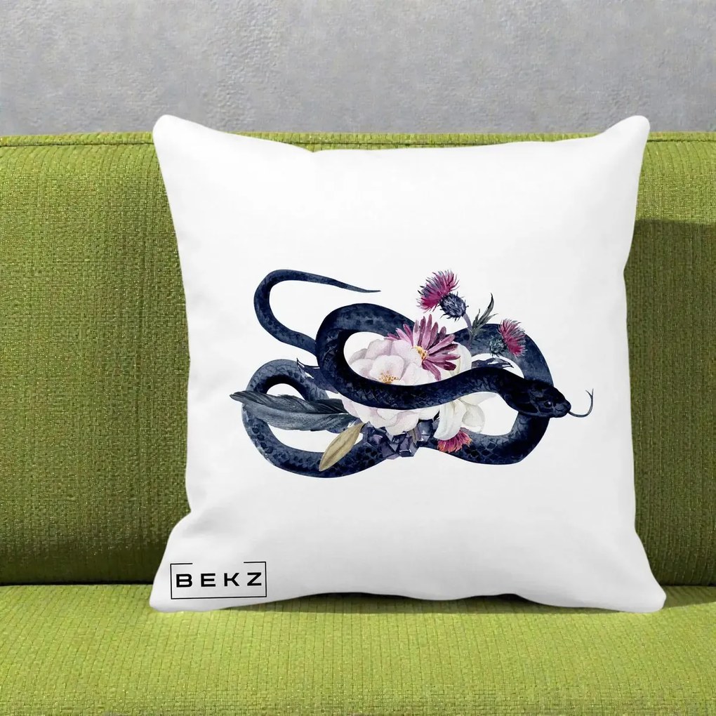 Perna Decorativa Sarpe Negru cu Flori Gothic, 40x40 cm, Alba Mata, Husa Detasabila, Perna Inclusa, BEKZ®